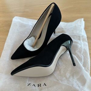 Zara Leather High-Hell Court Shoes with Chrome Heels Black Size 6